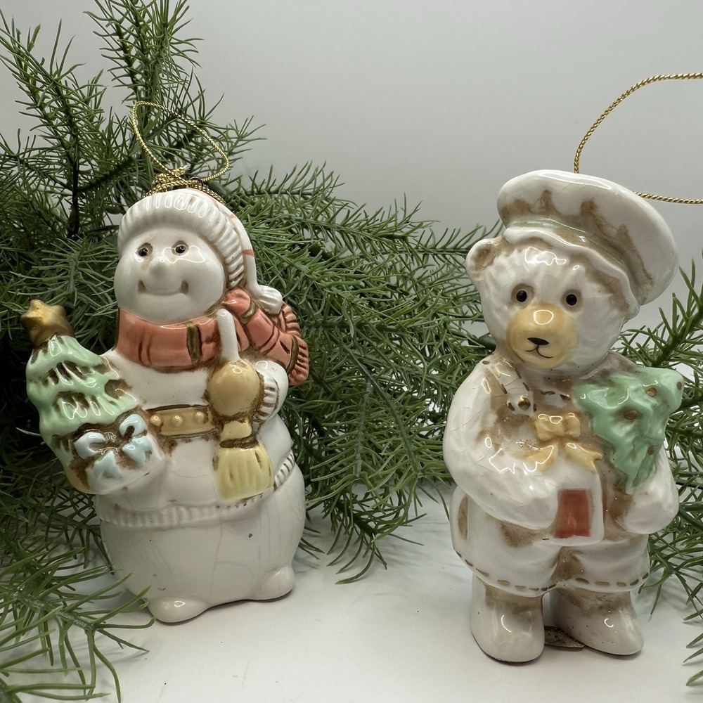 Vintage 1980s Hand Painted Ceramic‎ Ornaments Snowman & Bear w/ Trees